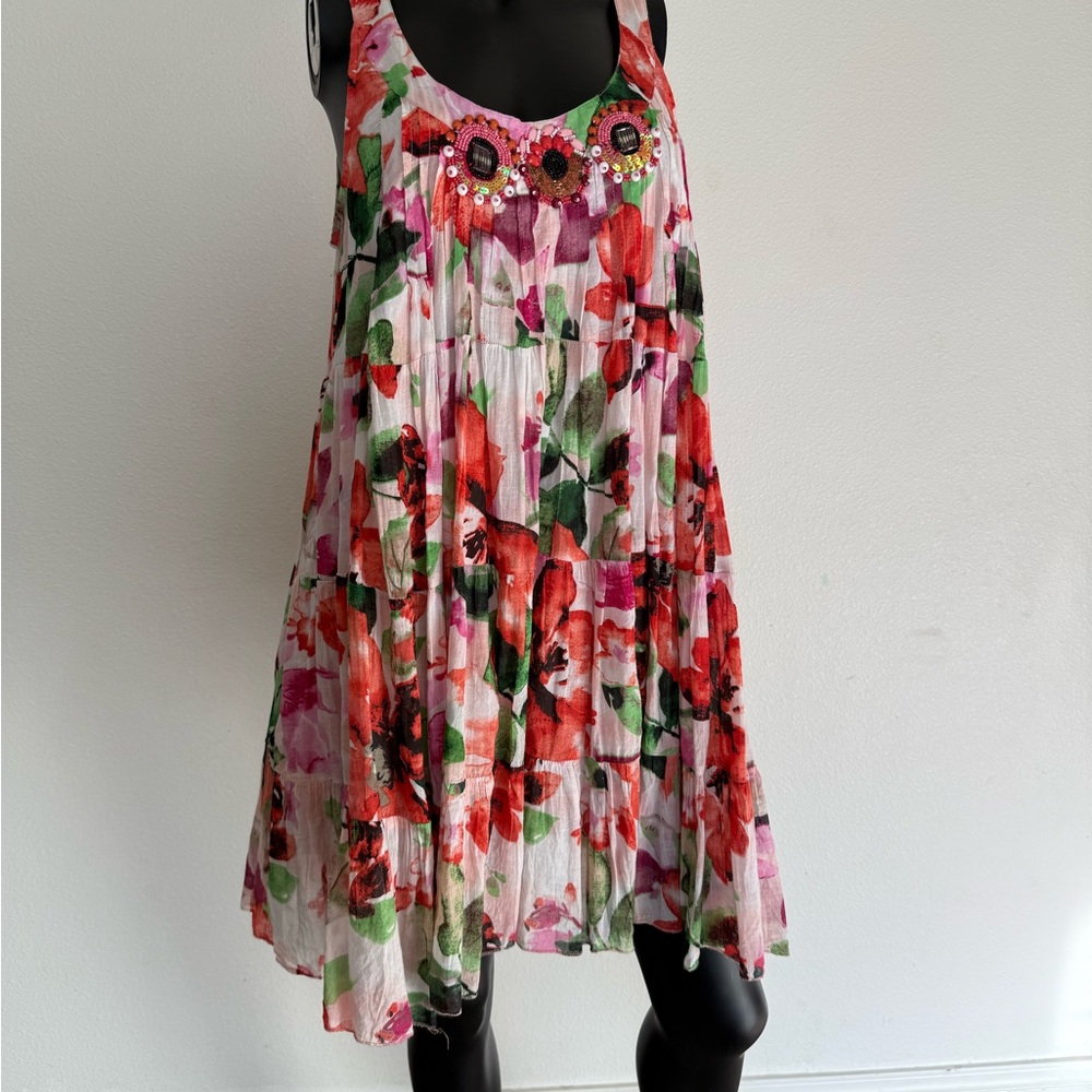 Embellished Floral Tiered Mini Dress - Pink & Green - Picture 3 of 14